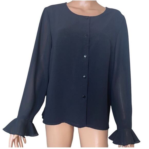 Tribeca Black trumpet ruffle cuff sleeve blouse button up SZ 14 Lightweight - Picture 2 of 8